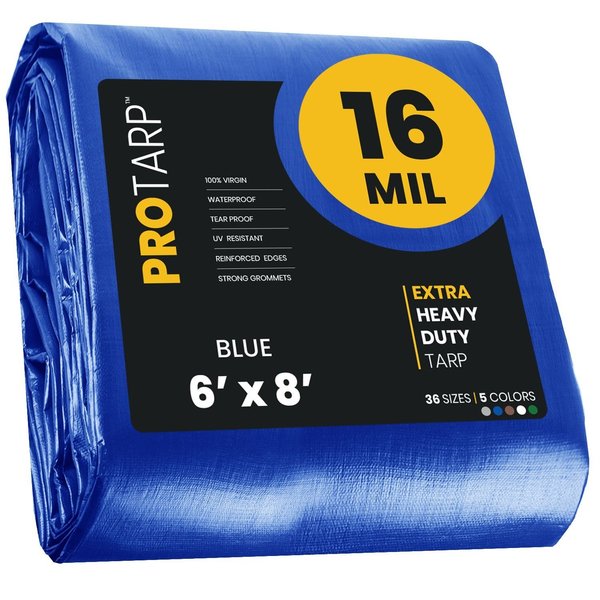 Protarp 6 ft x 8 ft Heavy Duty 16 Mil Tarp, Blue, Polyethylene, Waterproof, Rip and Tear Proof PT-105-6X8